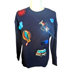Butter Brand Whimsical Transportation Theme Navy Sweater Colorful Appliques Sz M